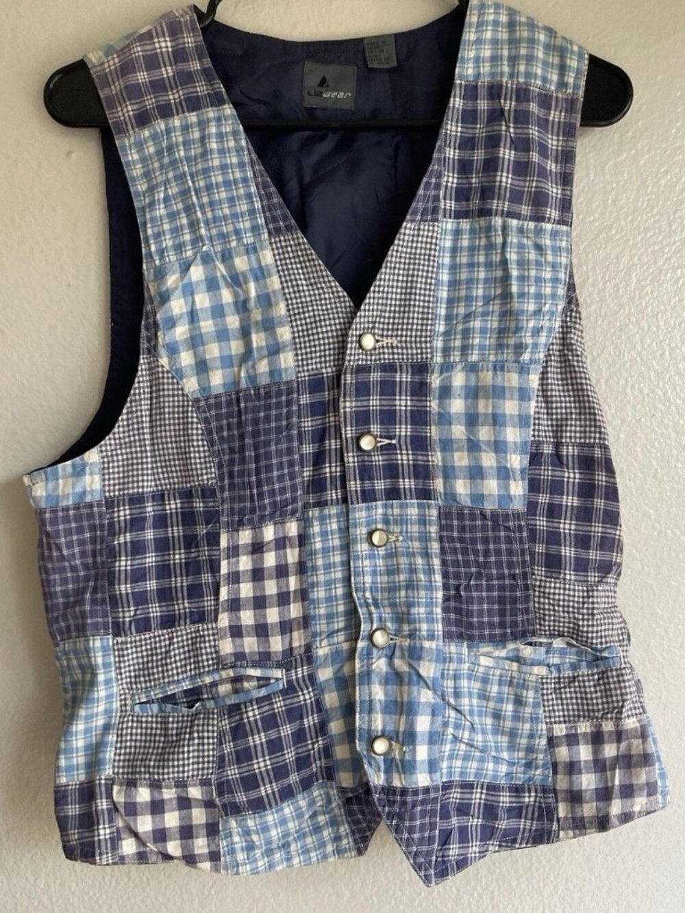 Vintage 1990s Liz Claiborne blue patchwork plaid cotton vest Women’s Sz L